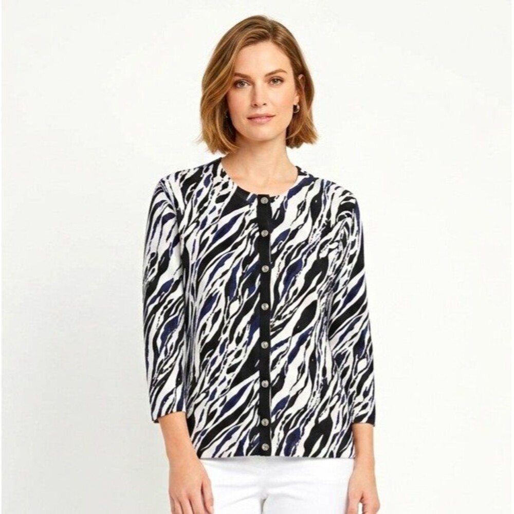 Charter Club Womens Petite PM Zebra l Print Button Cardigan Sweater 3/4 Sleeve